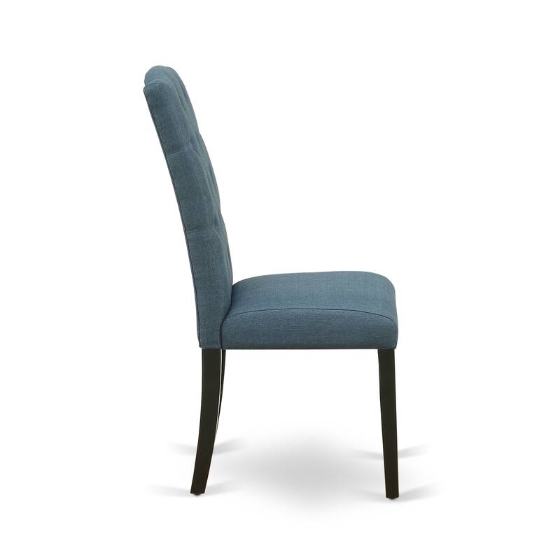 East West Furniture Dinette Set- a Round Kitchen Table and Mineral Blue Linen Fabric Chairs, Black & Cherry (Pieces Options)