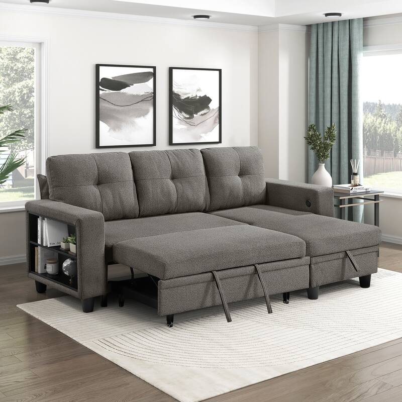 Hazel Boucle Sectional Sofa - Reversible Chaise, Pull-out Bed, Shelves