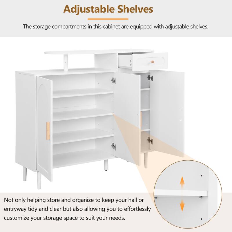 Shoe Cabinet with Arched Doors and Drawer, Cream Style Storage Sideboard with Adjustable Shelves and Solid Wood Legs