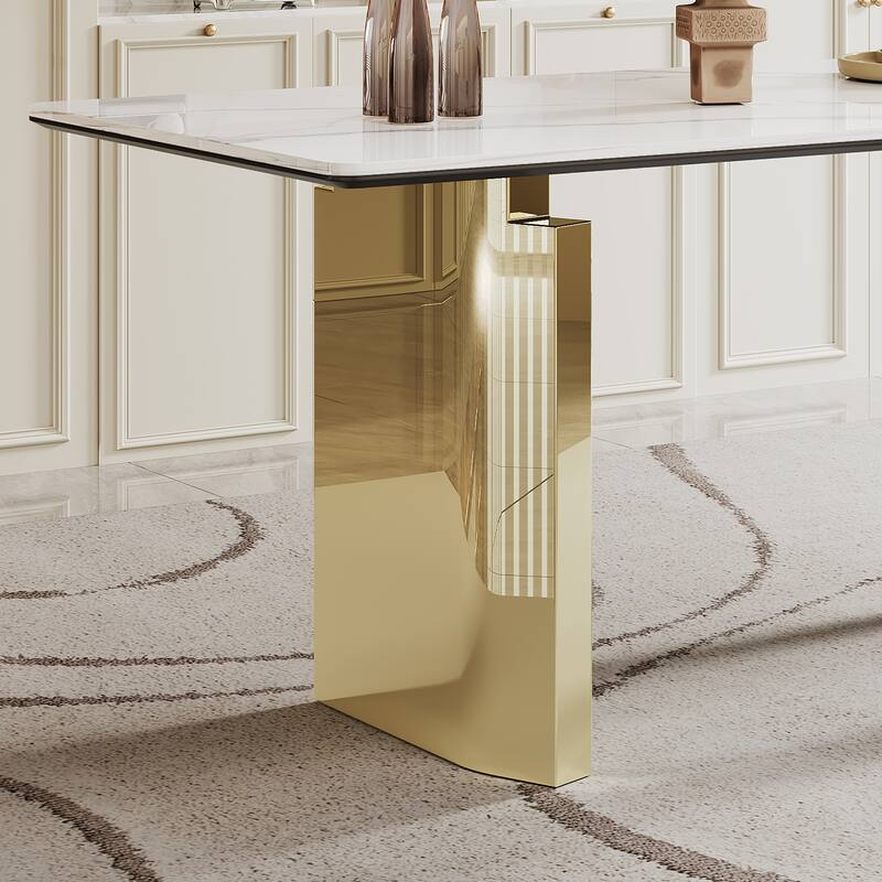 0.47" Thick Sintered Stone Composite Tempered Glass Top Dining Table with Stainless Steel Base