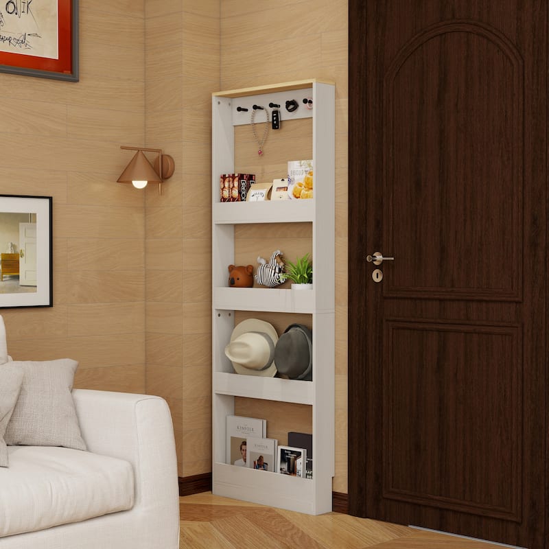 69" Tall Bookcase with 4 Shelves and 5 hooks, Wall Mounted Space-Saving Narrow storage cabinet for Living Room