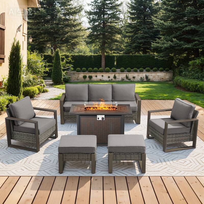 Meyreso Wicker Patio Conversation Set with Metal Fire Pit Table & Olefin Cushions