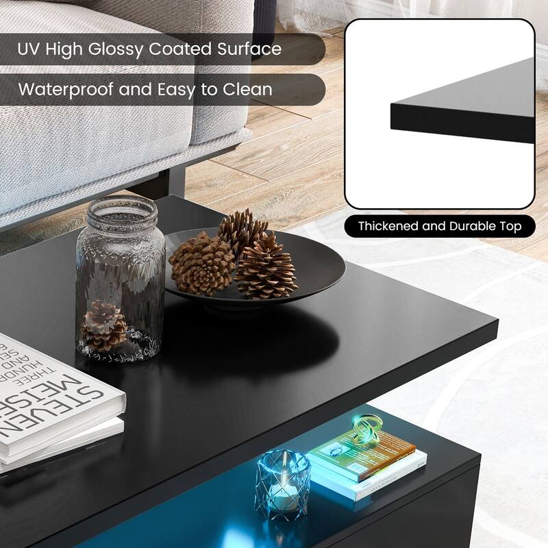 Gymax LED Coffee Table 2-Tier High Glossy with Adjustable Light &