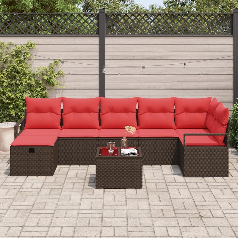vidaXL 7/8 Garden Sofa Set with Cushions Black/Brown/Grey Poly Rattan - 113 x 48 x 27.2