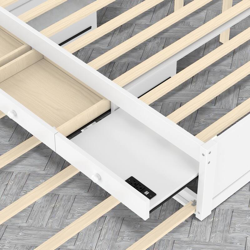 Platform Bed with Trundle, 2 Storage Drawers and Built In Power Strip, Solid Wood Bed Frame