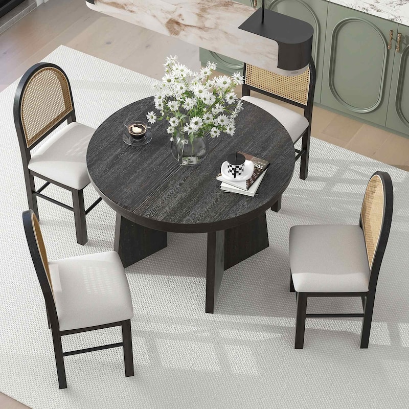 5 PCS Retro Functional Extendable Dining Set for 4 with 4 Upholstered Chairs with Rattan Backrests