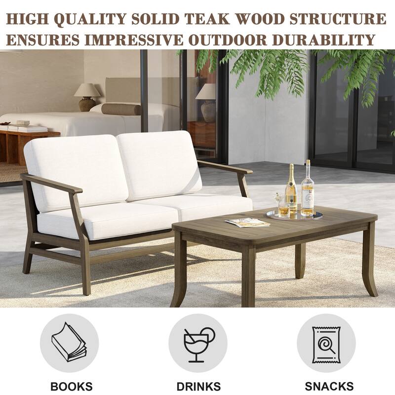 Outdoor Loveseat Sofa with Coffee Table Teak Wood Patio Furniture