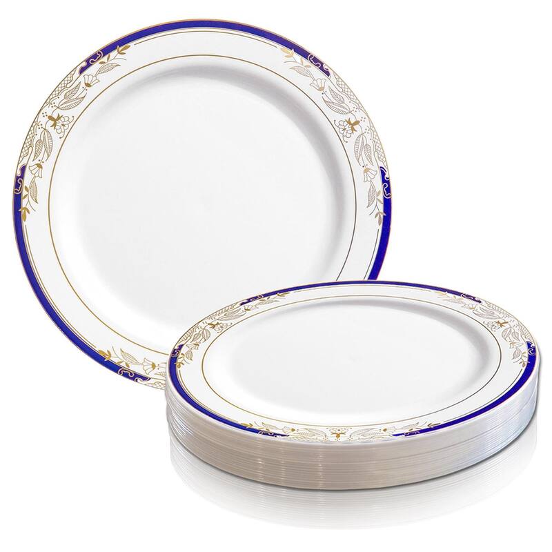 Gold Harmony Rim Disposable Plastic Plate Packs - Party Supplies - 120pcs - Dinner Plates - White with Blue and Gold Rim