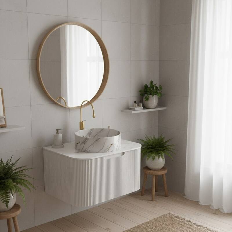 Floating Bathroom with Round Ceramic Basin and Storage Drawer