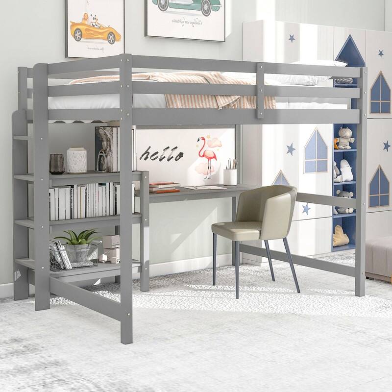 Full Size Wooden Loft Bed with Shelves, Desk and Writing Board - Gray
