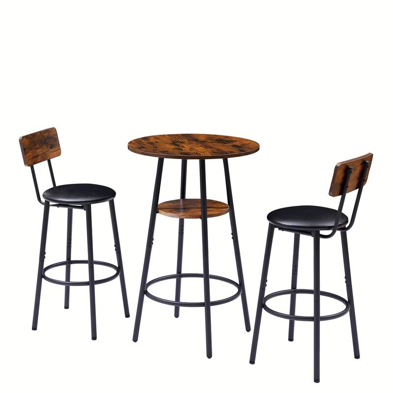 Round Bar Stool Set with Backrest and Shelf - Upholstered