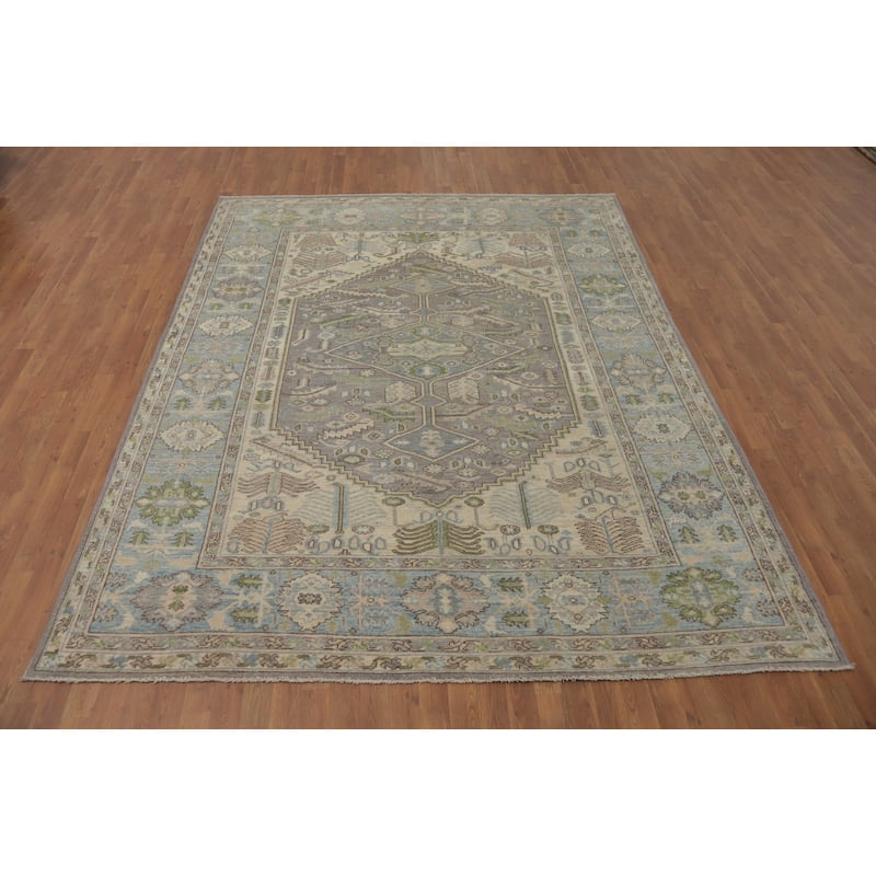 Handmade Wool Oushak Turkish Area Rug, Floral Geometric Carpet - 10' 0'' X 7' 10''