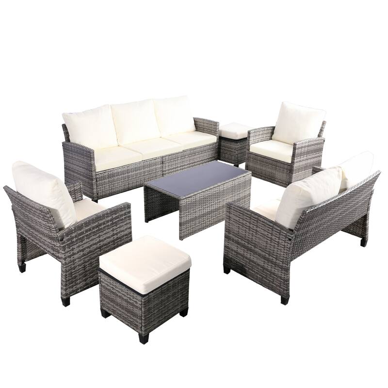7pcs Wicker Patio Conversation Set Seating Loveseat Sofa with Ottomans - Gray/Beige