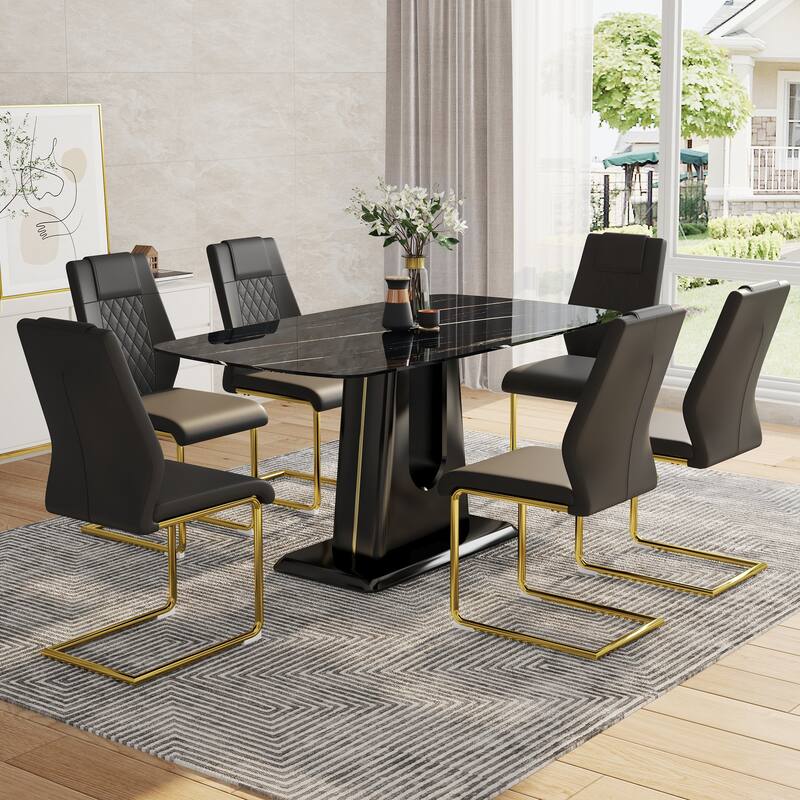 7 Piece Luxury Dining Table and Chair Set, 63" Rectangular Kitchen Table with 8 Chairs, Long Dining Room Table for Living Room - Black+Gold