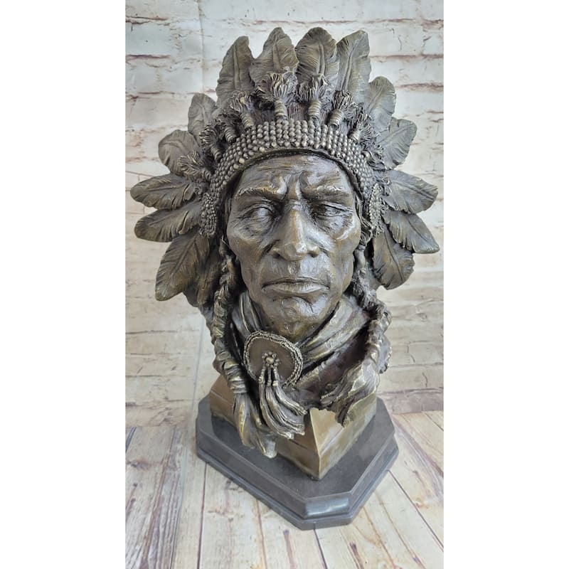 Carl Kauba Large American Warrior Bust Bronze Sculpture Marble Base Statue Decor