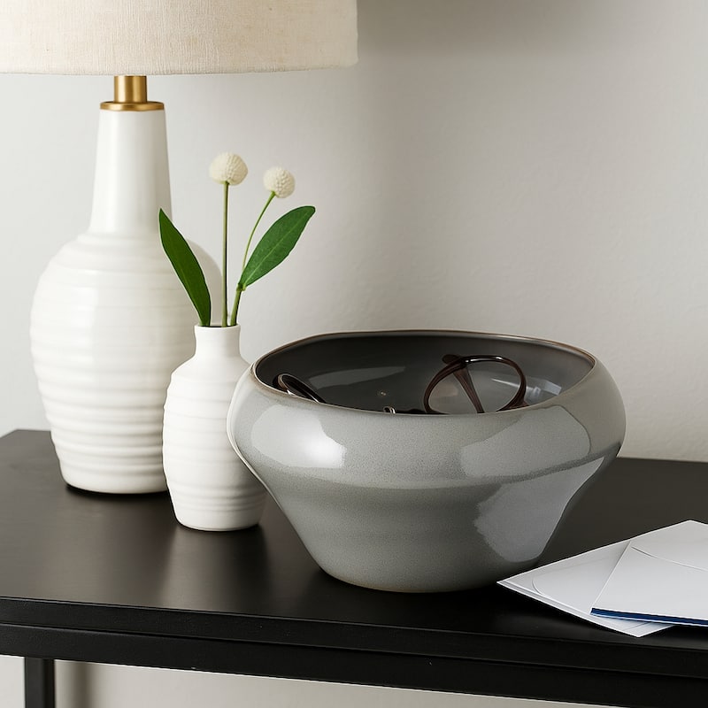 Decorative Round Glazed Terracotta Bowl -13", Gray - 13.0" - Gray - 13.0"