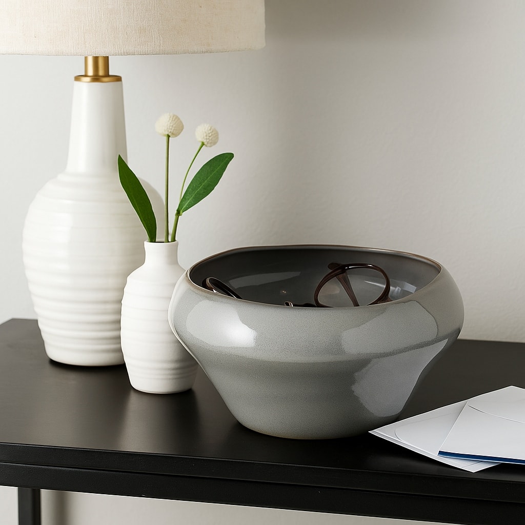 Decorative Round Glazed Terracotta Bowl -13", Gray - 13.0"