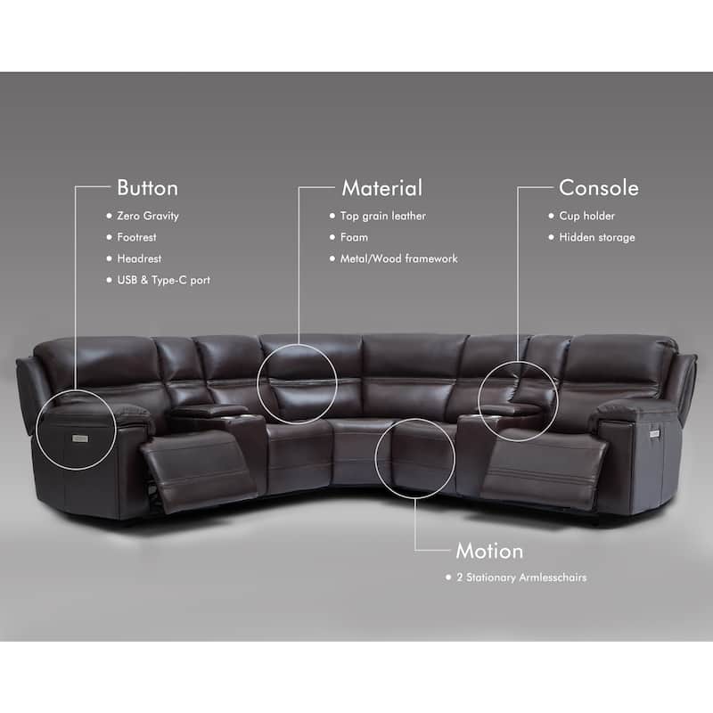 7PCS, 2 power Recliners, Dual-Power Genuine Leather Reclining Sectional with Console, Zero Gravity