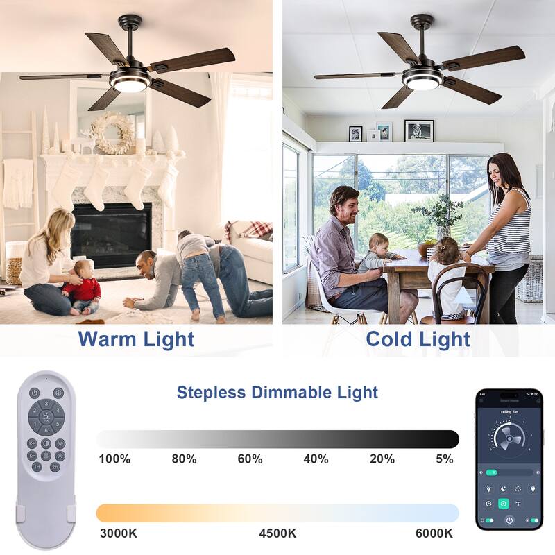 42-52Inch Ceiling Fan with Light: with 5 Blades Dual Finish Reversible - with Remote Control for Living Room Outdoor Patios