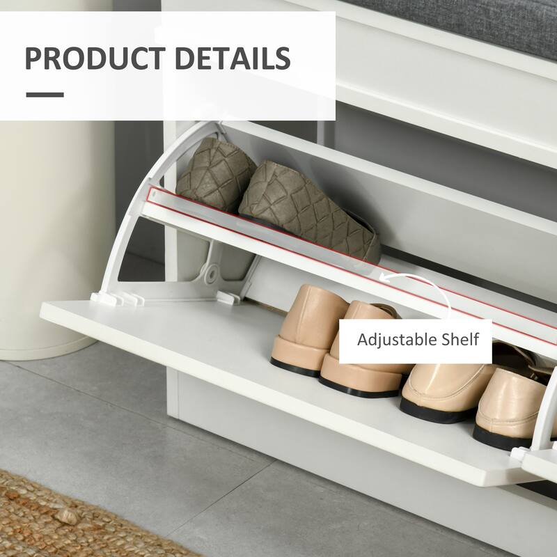 White-Grey Fabric Shoe Bench with Drawers, Cushion and Modern Design - 41" L x 9.5" W x 21.75" H