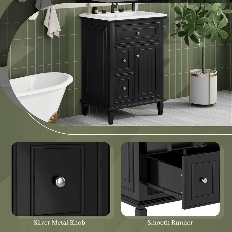 24" Bathroom Vanity with Sink, Bathroom Vanity Cabinet with One Flip Drawer and Two Drawers, Adjustable Shelf