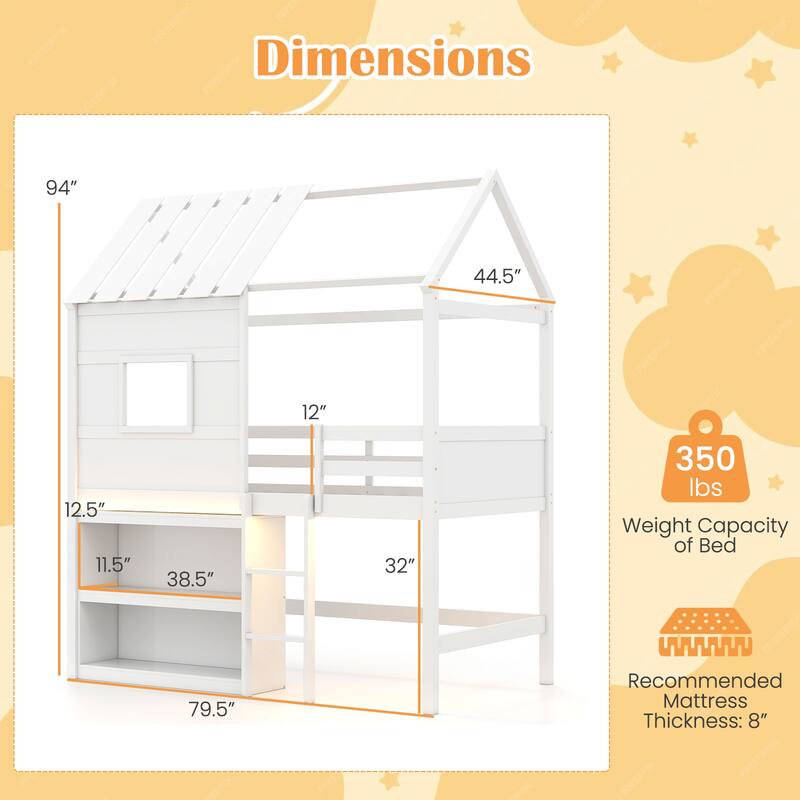 White Twin Size Loft Bed with LED Light House Design Bookshelf and Under Bed Play Space Pine Wood Frame for Kids
