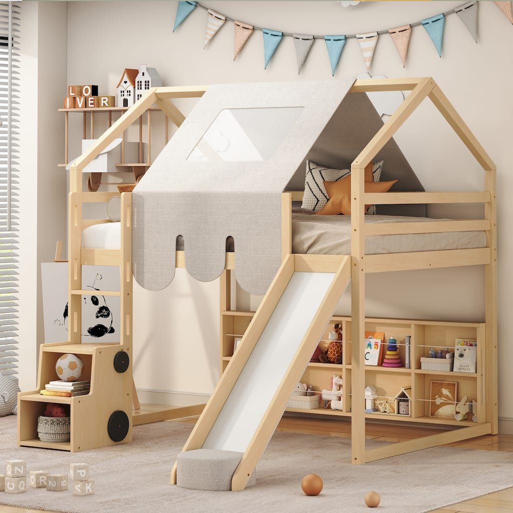 Full size Wooden Loft Bed House-shaped Frame with a Tent, Natural+Beige