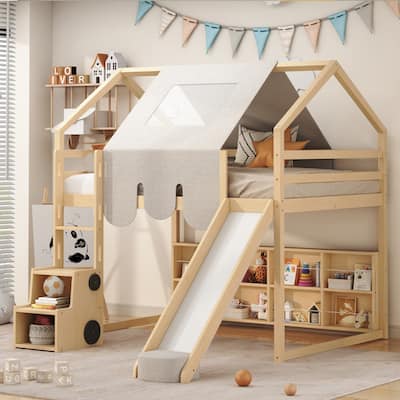 Wooden Loft Bed with House-Shaped Frame, Tent, Slide, and Ladder, Twin/Full Size, Natural Beige