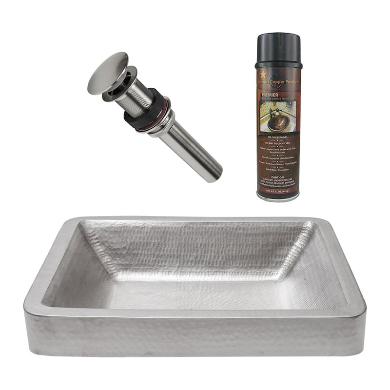 19" Rectangle Skirted Vessel Hammered Copper Sink in Nickel, Matching Drain and Accessories