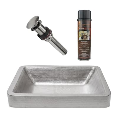 19" Rectangle Skirted Vessel Hammered Copper Sink in Nickel, Matching Drain and Accessories