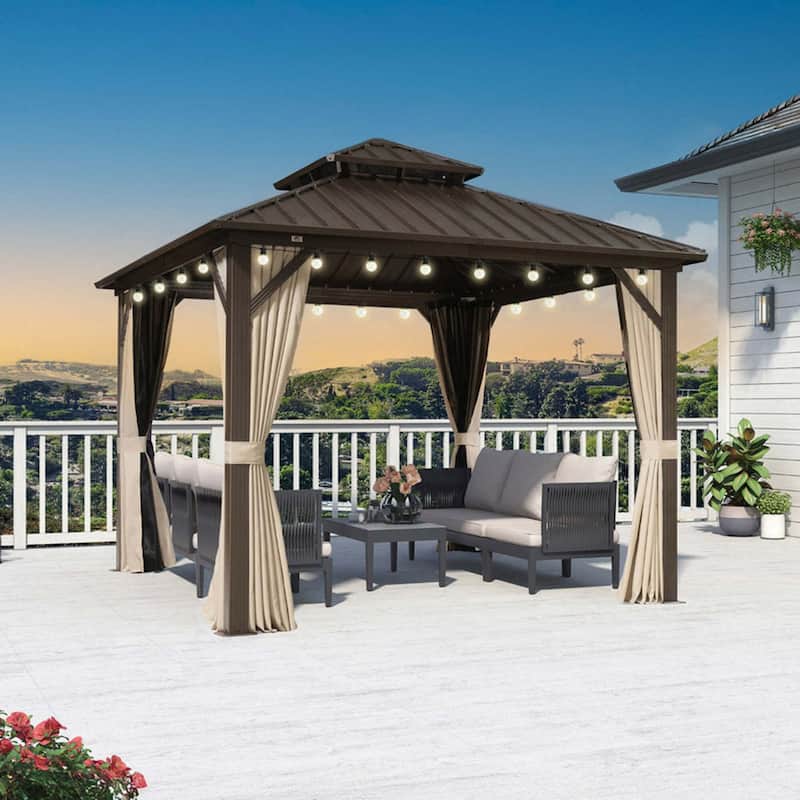 PURPLE LEAF Gazebo Outdoor Gazebo with Dual-Layer Galvanized Steel Double Roof Aluminum Gazebo with Netting and Curtains Bronze