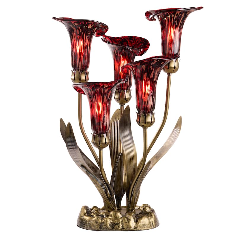 20-inch Antique Brass and Hand Blown Glass 5 Calla Lily Uplight Accent Lamp - 15" x 14" x 20" - 15" x 14" x 20" - Red/Gold/Brass