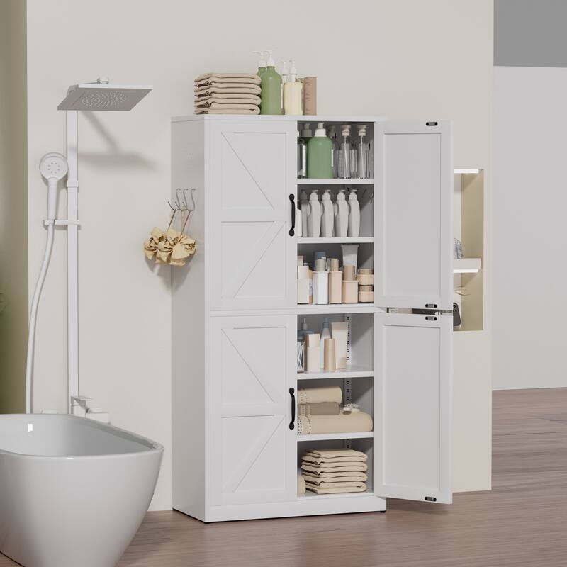 White Steel Kitchen Pantry Storage Cabinet with Adjustable shelves, heavy-duty country cabinet for kitchens, bathrooms