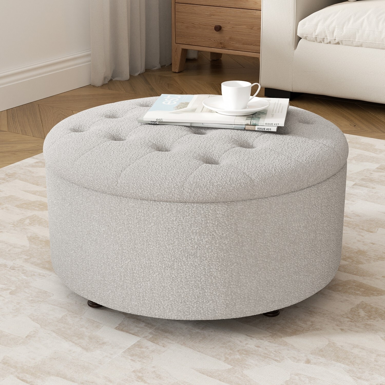 HOMYKA Linen Tufted Round Storage Ottoman Upholstered Foot Rest