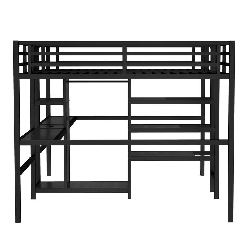 Twin-over-Twin Metal Loft Bed with Double Desks, Wardrobe and Electrical Outlets