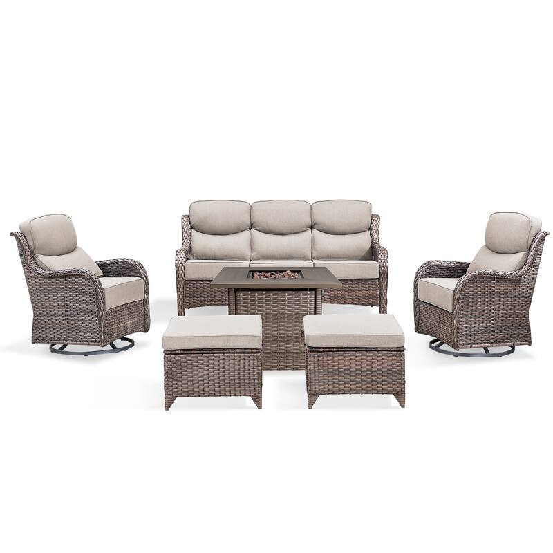 Pocassy Outdoor 6" Sofa Swivel Chair Ottoman with Fire Pit Table
