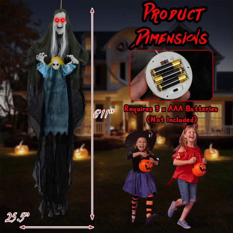 Life Size 6ft Sound Activated Hanging Witch with Red Eyes and Creepy Sounds Halloween Decoration with Bendable Arms Grey