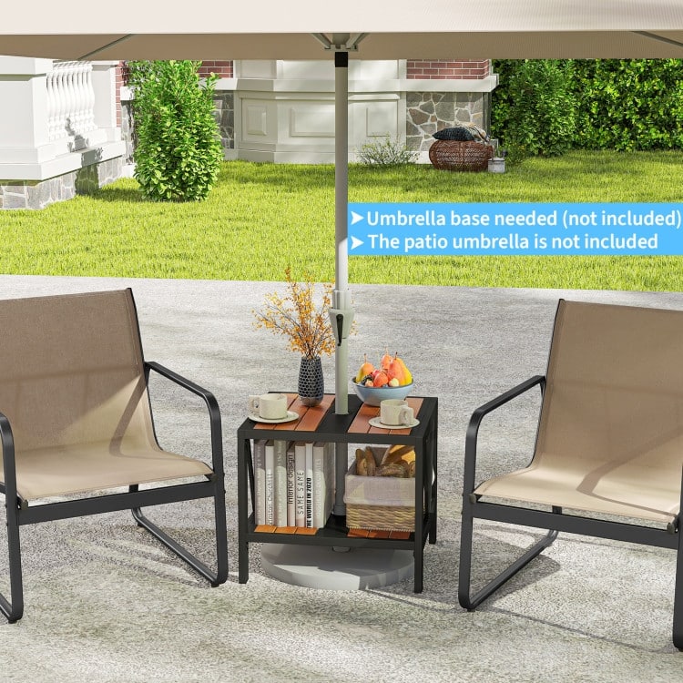Black-Natural Metal 2-Tier Outdoor Side Table with Wood-Like Top and Umbrella Hole - 20.5" x 18" x 18"