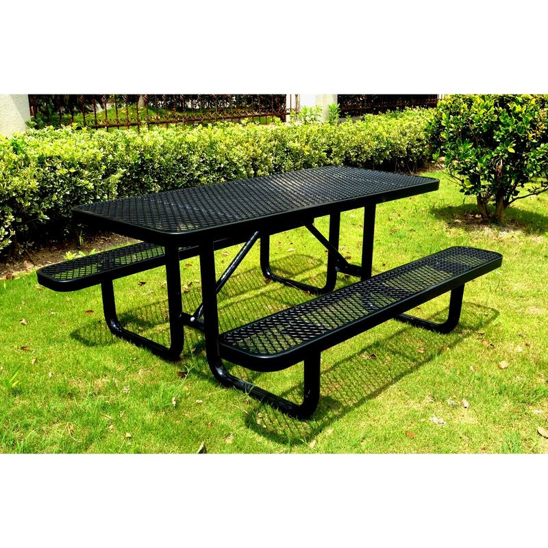 72" Expanded Metal Rectangular Picnic Table, Black With Umbrella Hole - Black