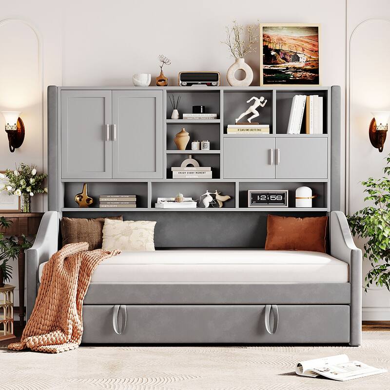 Twin Size Upholstered Daybed Sofa Bed with All-in-one Bookcase Storage Cabinets Shelves, Pull-out Lift-up Trundle, Arm Lights