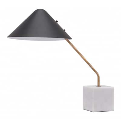 White Metal and Marble Base Bedside Lamp with Black Cone Shade Rotary Switch - 32” x 53.1” x 52.1” (D x W x H)