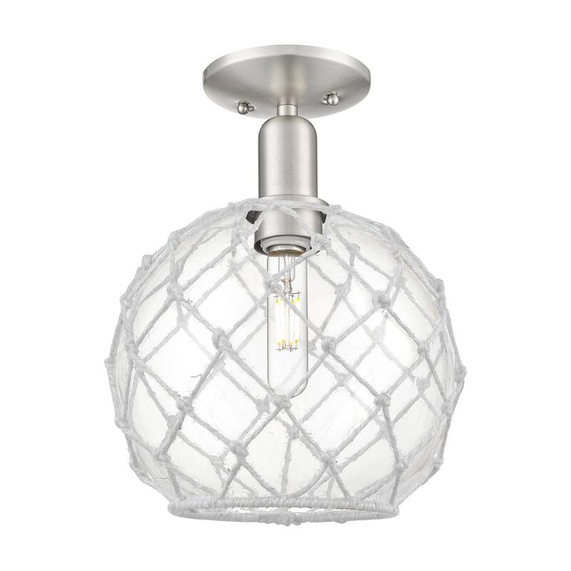 Innovations Lighting 716-1C-14-10 Farmhouse Rope Semi-Flush Farmhouse - Brushed Satin Nickel / Clear Glass with White Rope