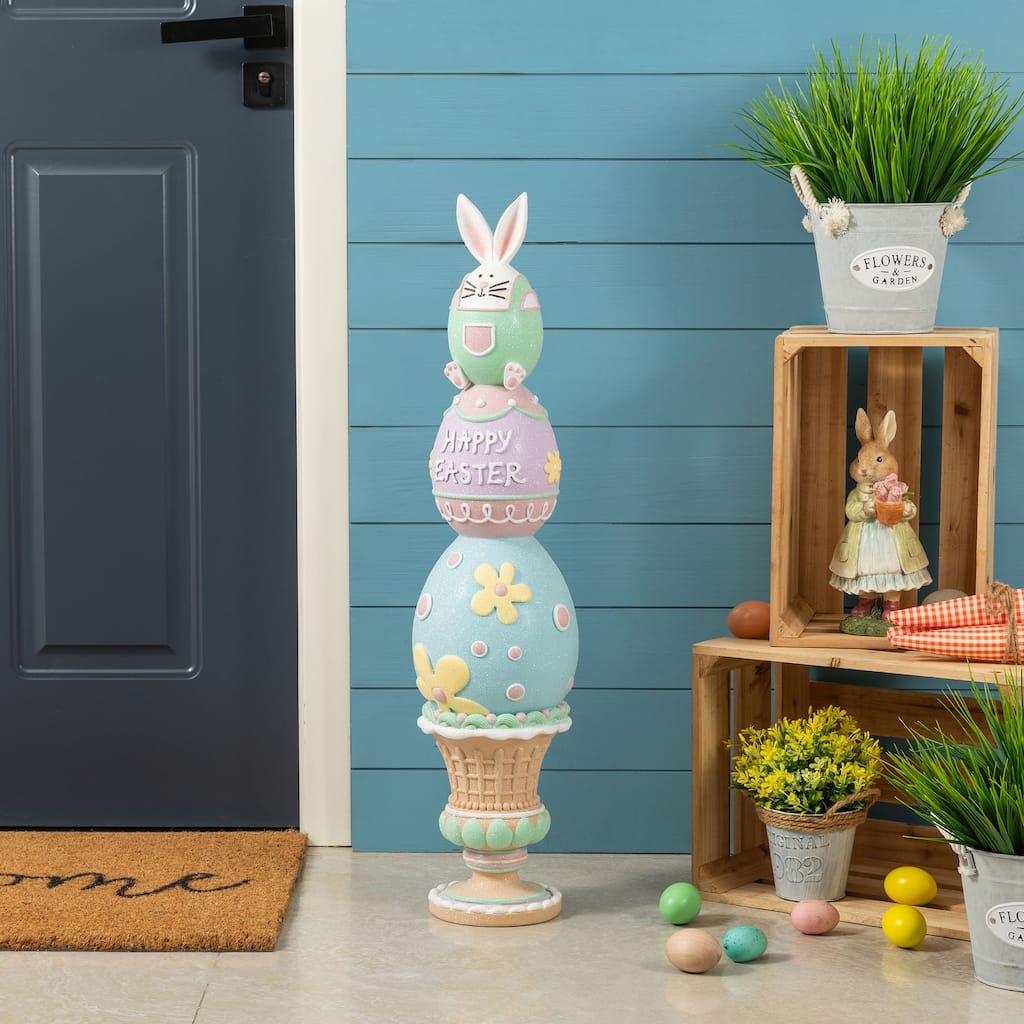 Glitzhome 30.5"H Easter Resin Macaron Stacked Egg & Bunny Porch Decor