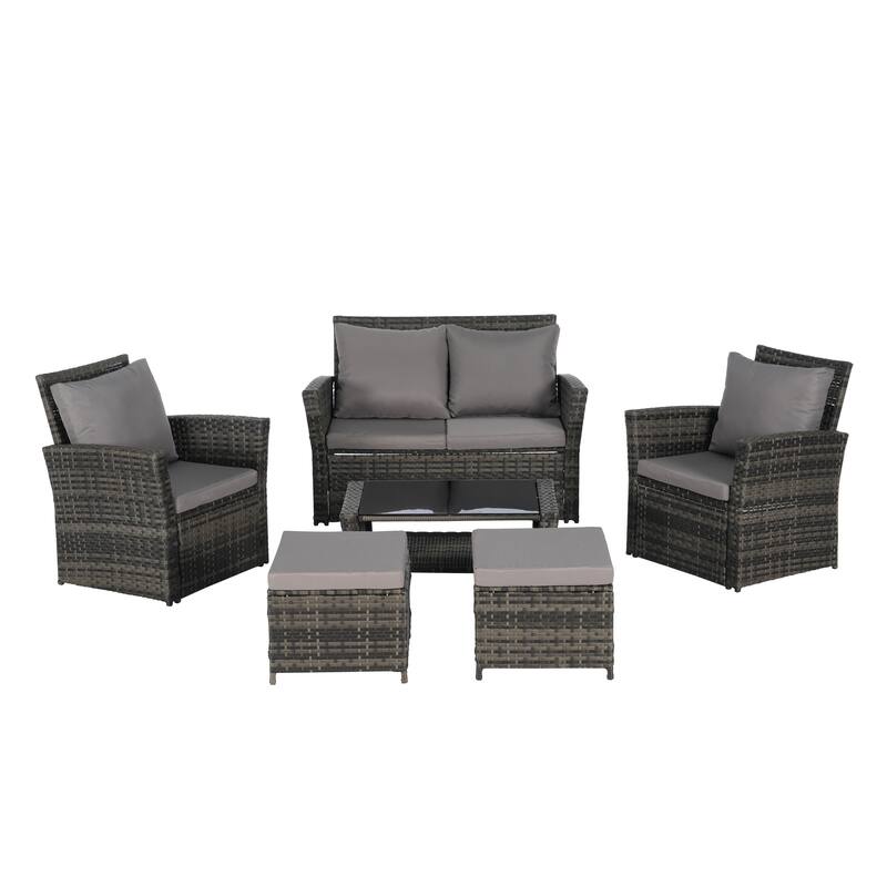 6-Piece Outdoor Wicker Conversation Set with Ottomans and Glass Coffee Table, Cushioned Seating