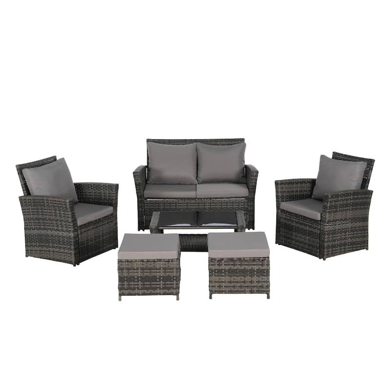 Patio Wicker Furniture Sets with Ottoman & Tempered Glass Coffee Table