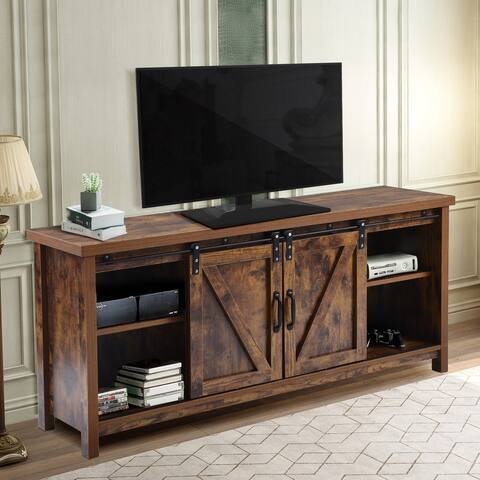 CTEX Farmhouse 23.6"H Wood TV Stand with Open Storage Shelves and 2 Sliding Doors