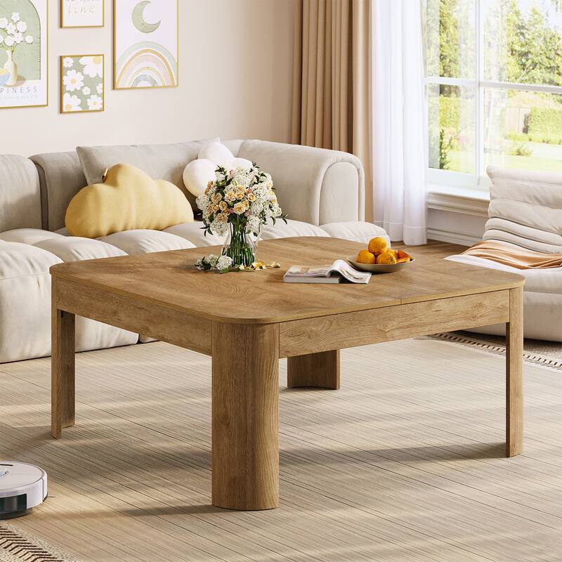 39.37" Square Coffee Table for Living Room, Farmhouse Cocktail Center Table with Wooden Curved Legs