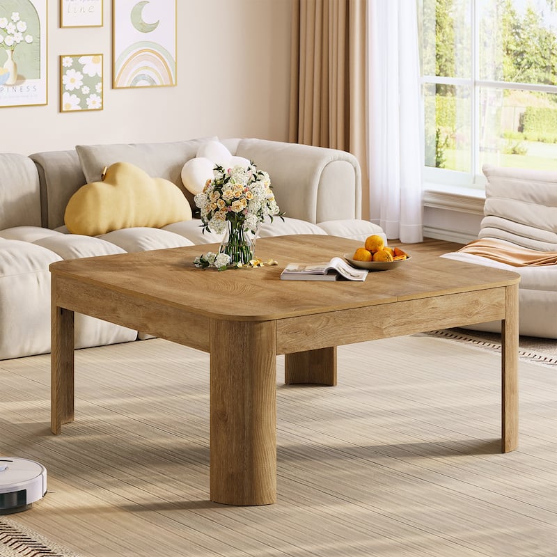 Farmhouse Square Coffee Table, 39.37" Wooden Center Tea Table with Sturdy Curved Legs for Living Room