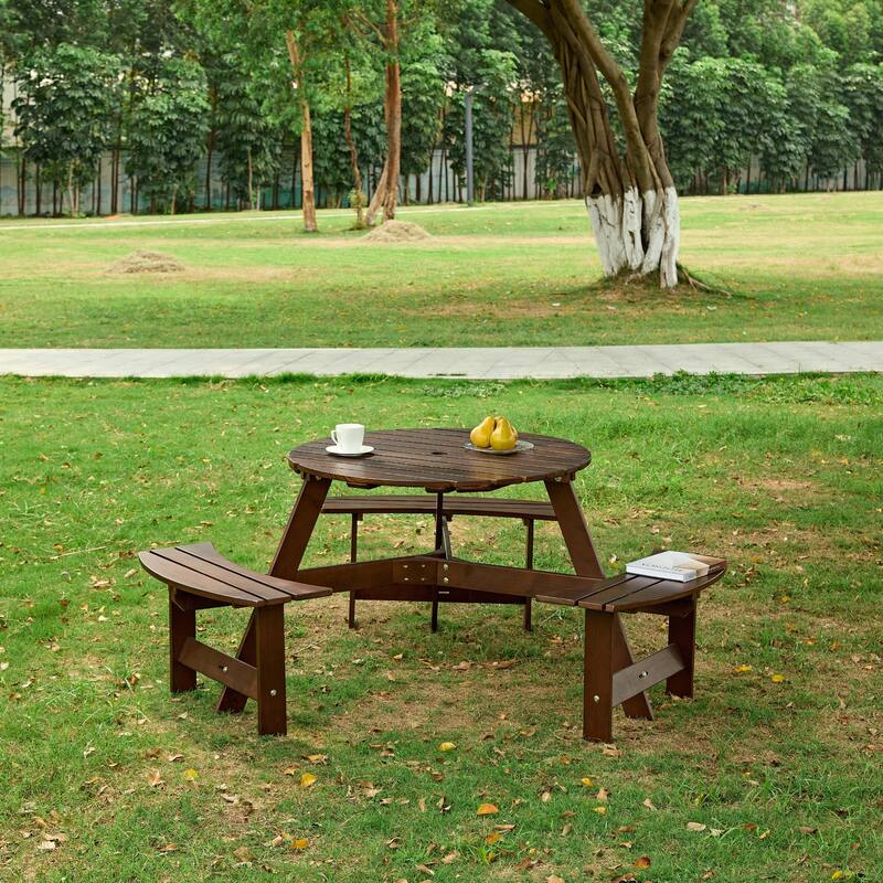 Outdoor 6 Person Round Picnic Table with Bench, Umbrella Hole for Garden, Backyard, Porch, Patio