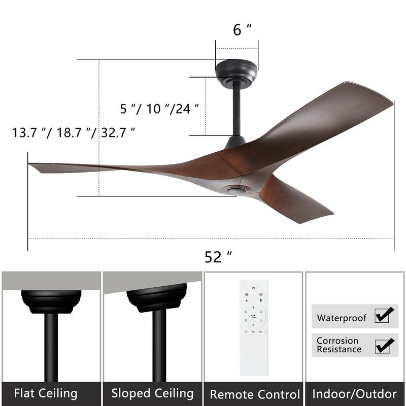 52Inch Ceiling Fan without Light, 6 Wind Speeds with Remote Control for Living Room and Patio